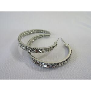 Silver Tone Rhinestone Bead Oval Dangly Earrings 1 134" Cottagecore Artsy Open